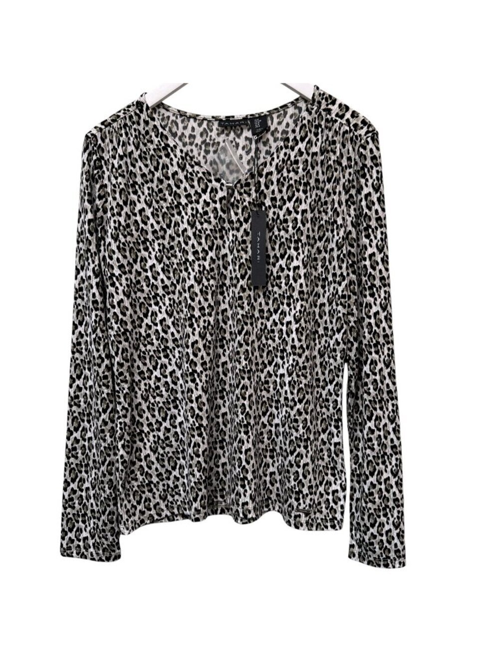 Tahari Leopard Print Top Medium Black Gray Slinky Stretch Jersey Blouse NWT